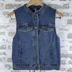 FREE PEOPLE Jean Vest Denim Lace Up Back Collarless Distressed 90s Y2K Women's S